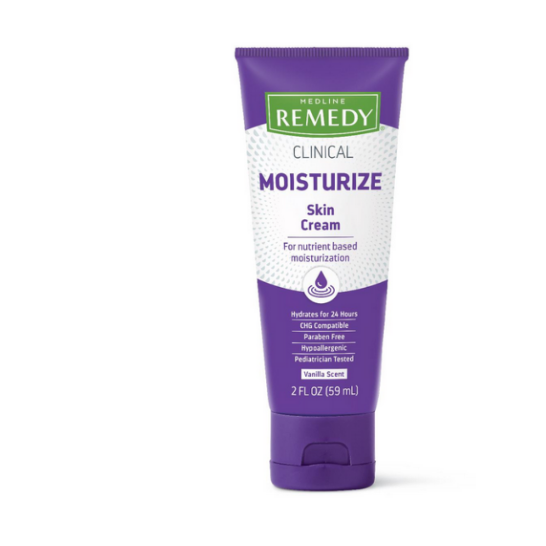 A purple and white tube of Medline Remedy Clinical Skin Cream - Full Body Lotion, 2 fl oz, offers 24-hour hydration, is oil-compatible, paraben-free, hypoallergenic, and features a soothing vanilla scent.